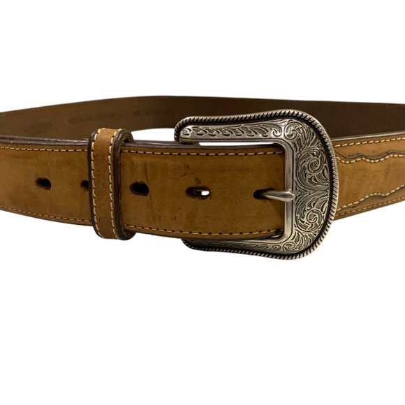 Red River Mens Belt Leather Western Tan Silver Tone Belt Buckle Size 40 Real Men - Picture 2 of 10
